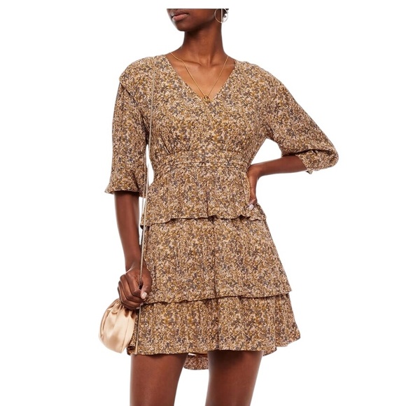 BA&SH Nina tiered printed crepe mini dress in mustard - Picture 1 of 11